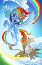 Size: 532x815 | Tagged: safe, artist:skimlines, derpibooru import, gilda, rainbow dash, griffon, pegasus, pony, cloud, duo, female, flying, looking at you, mare, rainbow trail, sky