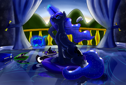 Size: 2541x1718 | Tagged: safe, artist:f-nar, princess luna, alicorn, pony, balcony, gamer luna, solo, undressing, xbox 360