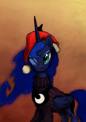 Size: 800x1140 | Tagged: safe, artist:hewison, princess luna, alicorn, pony, christmas, clothes, cute, female, hat, holiday, lunabetes, mare, santa hat, solo, sweater, wink