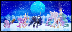 Size: 1713x777 | Tagged: safe, artist:lova-gardelius, princess cadance, princess celestia, princess luna, twilight sparkle, twilight sparkle (alicorn), alicorn, pony, alicorn tetrarchy, female, holiday, mare, saint lucy, saint lucy's day, snow, snowfall