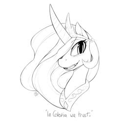 Size: 1280x1280 | Tagged: safe, artist:florecentmoo, princess celestia, alicorn, changeling, pony, bust, caption, curved horn, fangs, grayscale, monochrome, solo