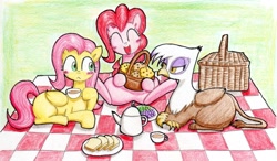 Size: 1374x800 | Tagged: safe, artist:unousaya, derpibooru import, fluttershy, gilda, pinkie pie, earth pony, griffon, pegasus, pony, blushing, bread, grapes, muffin, picnic, picnic basket, picnic blanket, pixiv, prone, tea, teacup, teapot, traditional art