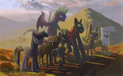 Size: 1916x1185 | Tagged: safe, artist:darkkodkod, derpibooru import, gilda, little strongheart, matilda, rover, spike, twilight sparkle, twilight sparkle (alicorn), zecora, alicorn, buffalo, diamond dog, donkey, dragon, griffon, pony, zebra, backlighting, diverse body types, female, line-up, mare, older, older spike, winged spike