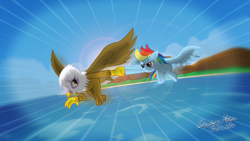 Size: 3840x2160 | Tagged: safe, artist:leirbagahcor, derpibooru import, gilda, rainbow dash, griffon, pegasus, pony, hoofbump