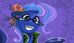 Size: 2448x1440 | Tagged: safe, artist:auroriia, princess luna, alicorn, pony, braces, glasses, smiling, solo