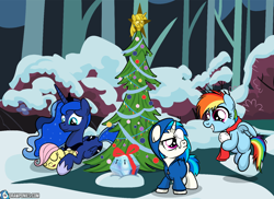 Size: 1500x1090 | Tagged: safe, dj pon-3, fluttershy, princess luna, rainbow dash, vinyl scratch, alicorn, pegasus, pony, unicorn, princess twilight sparkle (episode), christmas, clothes, hoodie, mystery box, mystery box of plot importance, present, snow, twilight scepter