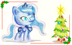 Size: 800x501 | Tagged: safe, artist:flutterluv, princess luna, alicorn, pony, chibi, christmas, christmas tree, holly, solo, traditional art, tree