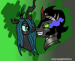 Size: 760x614 | Tagged: safe, artist:gingaweedfan1, king sombra, queen chrysalis, changeling, changeling queen, pony, unicorn, antagonist, blushing, boop, chrysombra, female, male, shipping, straight