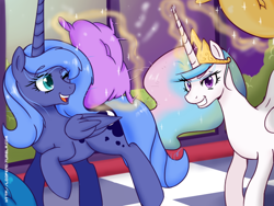 Size: 800x600 | Tagged: safe, artist:pijinpyon, princess celestia, princess luna, alicorn, pony, magic, pillow fight, s1 luna