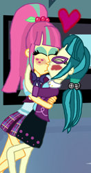 Size: 1514x2871 | Tagged: safe, artist:bigpurplemuppet99, juniper montage, sour sweet, human, equestria girls, blushing, crack shipping, female, junipersweet, kissing, lesbian, shipping