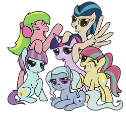 Size: 1024x952 | Tagged: safe, artist:hopefuldragon, indigo zap, lemon zest, sci-twi, sour sweet, sugarcoat, sunny flare, twilight sparkle, earth pony, pegasus, pony, unicorn, equestria girls, crystal prep shadowbolts, equestria girls ponified, glasses, headphones, looking at you, mane six opening poses, ponified, raised hoof, shadow five, shadow six, simple background, transparent background