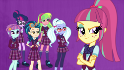 Size: 1920x1080 | Tagged: safe, screencap, indigo zap, lemon zest, sci-twi, sour sweet, sugarcoat, sunny flare, twilight sparkle, acadeca, equestria girls, friendship games, clothes, crossed arms, crystal prep academy, crystal prep academy uniform, dreamworks face, glasses, hand on hip, hands behind back, lidded eyes, outfit, school uniform, shadow six
