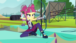 Size: 1920x1080 | Tagged: safe, screencap, fluttershy, sour sweet, equestria girls, friendship games, archery, arrow, bow (weapon), bow and arrow, smiling, smirk, weapon
