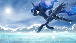 Size: 1920x1080 | Tagged: safe, artist:uglytree, princess luna, alicorn, pony, flying, snow, snowfall, solo, wallpaper, winter