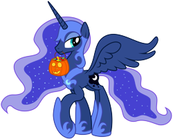 Size: 8001x6417 | Tagged: safe, artist:drawponies, artist:kysss90, nightmare moon, princess luna, alicorn, pony, absurd resolution, armor, candy, clothes, costume, horseshoes, jack-o-lantern, looking at you, mouth hold, nightmare luna, nightmare night, pumpkin bucket, simple background, smiling, solo, spread wings, standing, transparent background