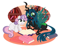 Size: 900x724 | Tagged: safe, artist:buckingawesomeart, queen chrysalis, sweetie belle, changeling, changeling queen, pony, unicorn, book, duo, duo female, fangs, female, filly, horn, open mouth, reading, simple background, transparent background, two toned mane, two toned tail, white coat, wings