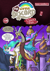 Size: 626x900 | Tagged: safe, artist:stalinthestallion, discord, princess celestia, alicorn, pony, canterlot castle, comic cover, parody, speech bubble