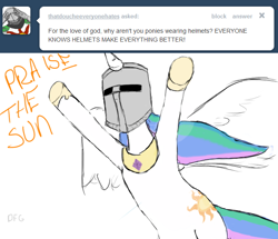 Size: 640x550 | Tagged: artist needed, source needed, safe, princess celestia, alicorn, pony, dark souls, helmet, praise the sun, redundant, solo, tumblr