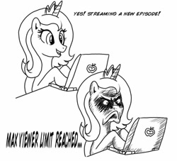 Size: 734x666 | Tagged: safe, artist:madmax, princess luna, alicorn, pony, computer, laptop computer, monochrome, s1 luna, solo