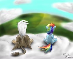 Size: 1212x986 | Tagged: safe, artist:xanderreh, derpibooru import, gilda, rainbow dash, griffon, pegasus, pony