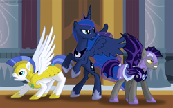 Size: 2400x1500 | Tagged: safe, artist:glaive-silver, princess luna, bat pony, pony, angry, door, frown, glare, gritted teeth, hallway, night guard, open mouth, rearing, royal guard, spread wings