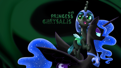 Size: 1366x768 | Tagged: safe, artist:syggie, nightmare moon, queen chrysalis, alicorn, changeling, changeling queen, nymph, pony, abstract background, ask, ask the changeling princess, cute, cutealis, duo, duo female, female, filly, filly queen chrysalis, foal, helmet, mare, nightmare moon is not amused, princess chrysalis, tumblr, unamused, wallpaper, younger