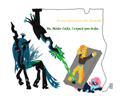 Size: 800x600 | Tagged: safe, artist:wryte, carrot cake, cup cake, queen chrysalis, changeling, changeling queen, alternate costumes, alternate hairstyle, catsuit, clothes, goldfinger, james bond, laser, spy, tuxedo