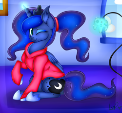 Size: 3000x2800 | Tagged: safe, artist:shyshyoctavia, princess luna, alicorn, pony, alternate hairstyle, chest fluff, clothes, controller, cute, ear fluff, fluffy, gamer luna, hoodie, nintendo 64, ponytail, smiling, solo, sweater, wink