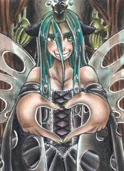 Size: 3071x4252 | Tagged: safe, artist:sushimango, queen chrysalis, humanized, looking at you, nail polish, smiling, solo, traditional art