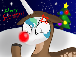 Size: 1024x768 | Tagged: safe, artist:supermaster10, princess celestia, deer, angry, cheap background, christmas, christmas tree, clothes, cosplay, costume, red nose, snow, snowfall, solo, tree