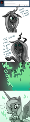 Size: 600x2393 | Tagged: safe, artist:jokerpony, princess luna, queen chrysalis, alicorn, changeling, changeling queen, pony, ask teen chrysalis, character to character, comic, magic, scrunchy face, transformation, tumblr