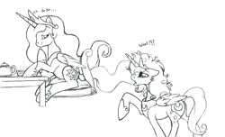 Size: 1225x743 | Tagged: safe, artist:tenchi-outsuno, princess celestia, princess luna, alicorn, pony, bed mane, messy mane, monochrome, s1 luna, sketch, tea, teacup, teapot