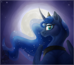 Size: 1024x887 | Tagged: safe, artist:japandragon, princess luna, alicorn, pony, ethereal mane, female, looking at you, mare, moon, smiling, solo, starry mane, stars