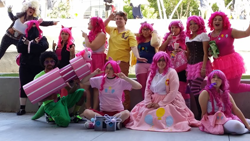 Size: 848x477 | Tagged: artist needed, safe, artist:ilurveninjaman, derpibooru import, gilda, pinkie pie, human, 2014, cosplay, fanimecon, group photo, irl, irl human, photo