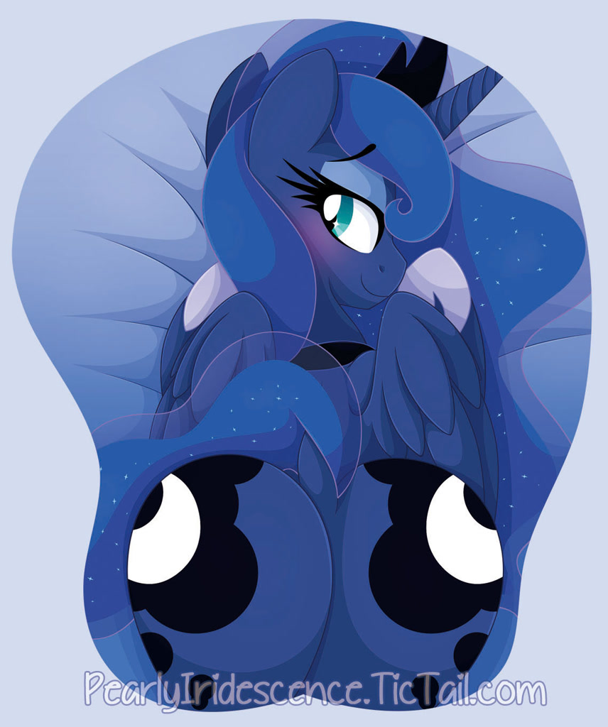 356014 - suggestive, artist:pearlyiridescence, princess luna, alicorn,  pony, bed, bedroom eyes, blushing, crown, curvy, dock, female, looking at  you, looking back, looking back at you, mare, moonbutt, mousepad, mousepad  for the fearless,