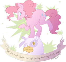 Size: 1280x1218 | Tagged: safe, artist:poniesforparents, derpibooru import, gilda, pinkie pie, earth pony, griffon, pony, griffon the brush off, angry, anti-bullying, dancing, message, moral, mouthpiece, positive ponies, scrunchy face, smiling, subversive kawaii
