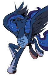 Size: 3165x5000 | Tagged: safe, artist:amorecadenza, artist:andypriceart, princess luna, alicorn, pony, blame my sister, clothes, cute, eyes closed, female, happy, laughing, lunabetes, magic shirt, mare, open mouth, simple background, solo, transparent background, vector