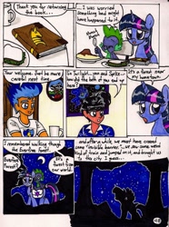 Size: 770x1037 | Tagged: safe, artist:newyorkx3, flash sentry, princess luna, spike, twilight sparkle, twilight sparkle (alicorn), oc, oc:tommy, alicorn, dragon, human, pony, comic:twilight and the big city, comic, female, mare, non-mlp oc, self insert, traditional art