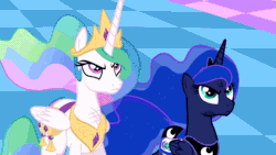 Size: 1280x720 | Tagged: safe, princess celestia, princess luna, alicorn, pony, princess twilight sparkle (episode), angry, animated, bag, blinking, bruised, celestia is not amused, chestplate, crown, duo, ethereal mane, ethereal tail, female, flowing mane, flowing tail, folded wings, frown, glare, jewelry, looking up, luna is not amused, mare, multicolored mane, plunder seeds, regalia, royal sisters, saddle bag, siblings, sisters, unamused, wings