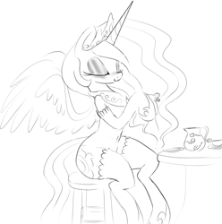Size: 1265x1277 | Tagged: safe, artist:zev, princess celestia, alicorn, pony, belly button, eyes closed, eyeshadow, grayscale, monochrome, smiling, solo, spread wings, stockings, tea, teacup