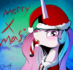 Size: 800x767 | Tagged: safe, artist:dragk, princess celestia, alicorn, pony, blushing, candy cane, christmas, hat, santa hat, solo