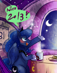 Size: 1091x1399 | Tagged: safe, artist:renokim, princess luna, alicorn, pony, calendar, cookie, moon, mug, new year, solo