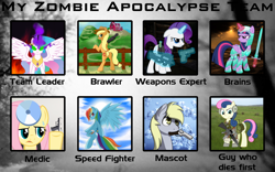 Size: 4096x2560 | Tagged: safe, artist:a4r91n, artist:buckweiser, artist:cyb3rwaste, artist:kramze, artist:neuro, artist:phon-e, artist:thatsgrotesque, applejack, bon bon, derpy hooves, fluttershy, princess celestia, rainbow dash, rarity, sweetie drops, twilight sparkle, twilight sparkle (alicorn), alicorn, earth pony, pegasus, pony, unicorn, zombie, apocalypse, female, glowing eyes, gun, mare, meme, palindrome get, sword, weapon, zombie apocalypse team