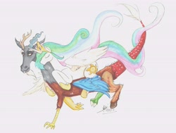 Size: 5878x4433 | Tagged: safe, artist:fivereasonstohateme, discord, princess celestia, alicorn, pony, absurd resolution, carrying, dislestia, female, male, shipping, straight, traditional art