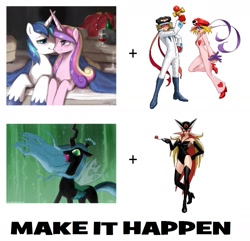 Size: 1331x1281 | Tagged: safe, artist:johnjoseco, princess cadance, queen chrysalis, shining armor, alicorn, changeling, changeling queen, pony, unicorn, doronjo, exploitable meme, make it happen, meme, yatterman, yatterman-1, yatterman-2