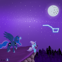 Size: 1200x1200 | Tagged: safe, artist:kiroki, princess luna, trixie, alicorn, pony, constellation, moon