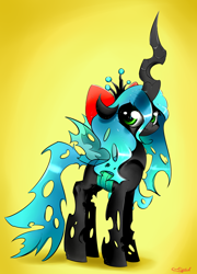 Size: 2702x3760 | Tagged: safe, artist:carligercarl, queen chrysalis, changeling, changeling queen, bow, female, horn, solo