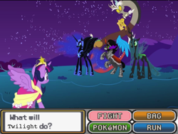 Size: 1024x768 | Tagged: safe, edit, discord, king sombra, nightmare moon, queen chrysalis, twilight sparkle, twilight sparkle (alicorn), alicorn, changeling, changeling queen, pony, antagonist, clothes, coronation dress, discord is the trainer, dress, female, fight, mare, pokémon, triple battle