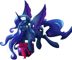 Size: 1759x1468 | Tagged: safe, artist:artist-apprentice587, princess luna, alicorn, pony, christmas, hat, present, santa hat, solo