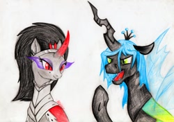 Size: 1024x720 | Tagged: safe, artist:arxuicy, king metamorphosis, king sombra, queen chrysalis, queen umbra, changeling, changeling queen, pony, unicorn, changeling king, chrysombra, cute, female, male, morphabetes, pencil drawing, rule 63, rule63betes, shipping, simple background, straight, traditional art, umbradorable, white background